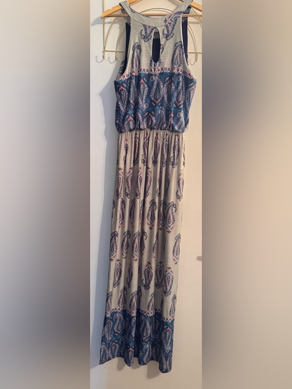 Boho Paisley Elastic-Waist Maxi Skirt in Beige and Navy